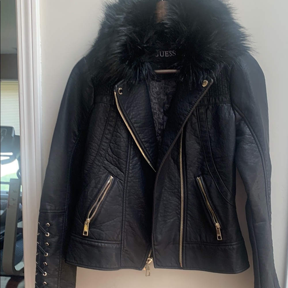 Guess Black Leather Jacket with Gold Accents